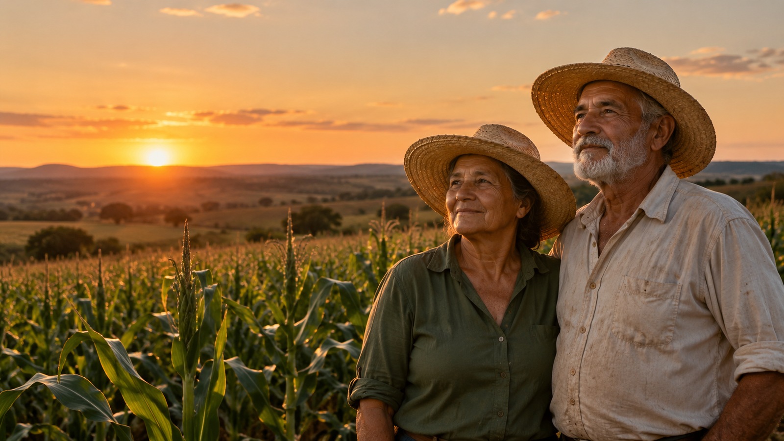 Casal de agricultores idosos em frente a uma plantação no fim da tarde