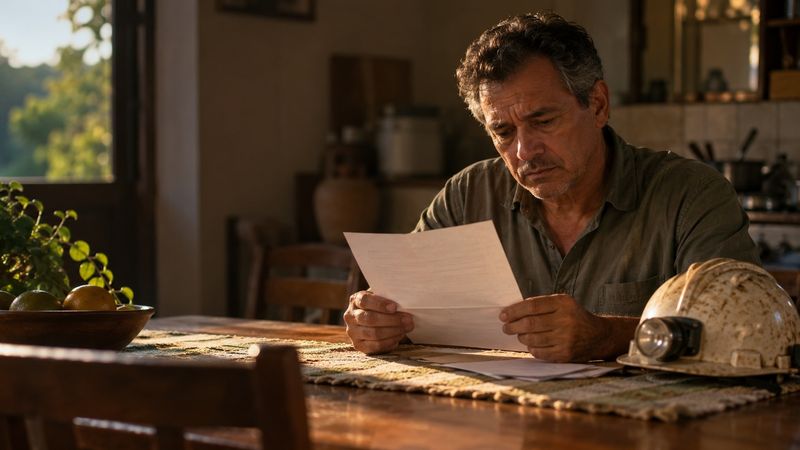 Trabalhador lendo uma carta sentado à mesa, com um capacete de mineração ao lado