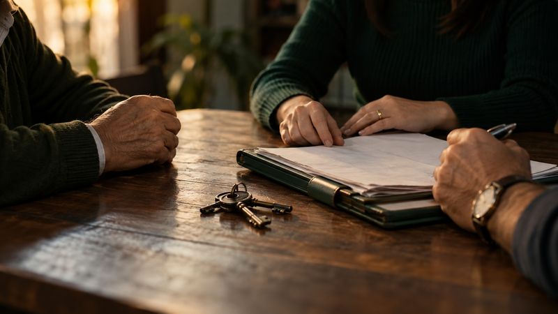 Família reunida em torno de uma mesa com documentos e uma chave de casa