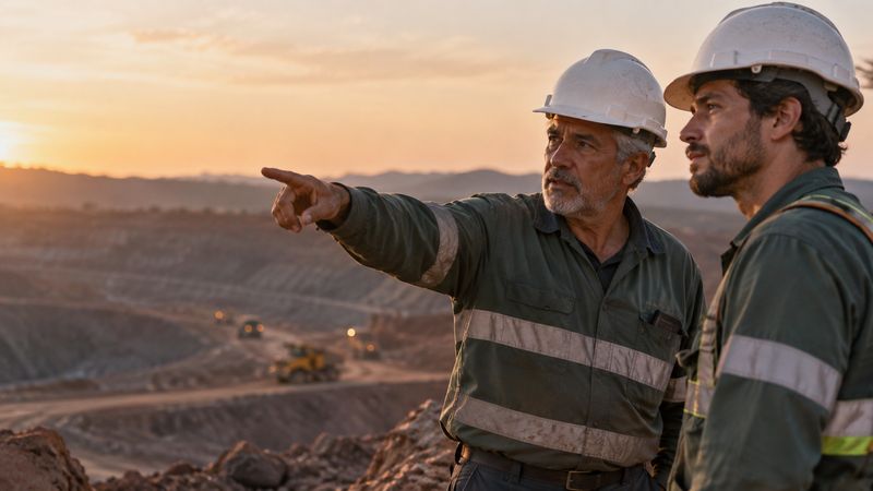 Minerador experiente conversando com um colega mais jovem na área externa de uma mineradora