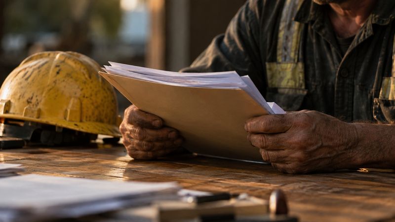 Mãos de um trabalhador segurando uma pasta de documentos ao lado de um capacete de mineração