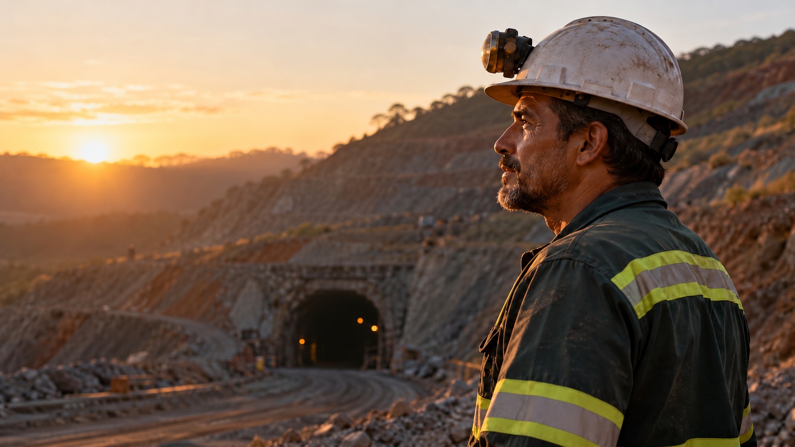 Minerador de capacete observando a entrada de uma mina ao amanhecer